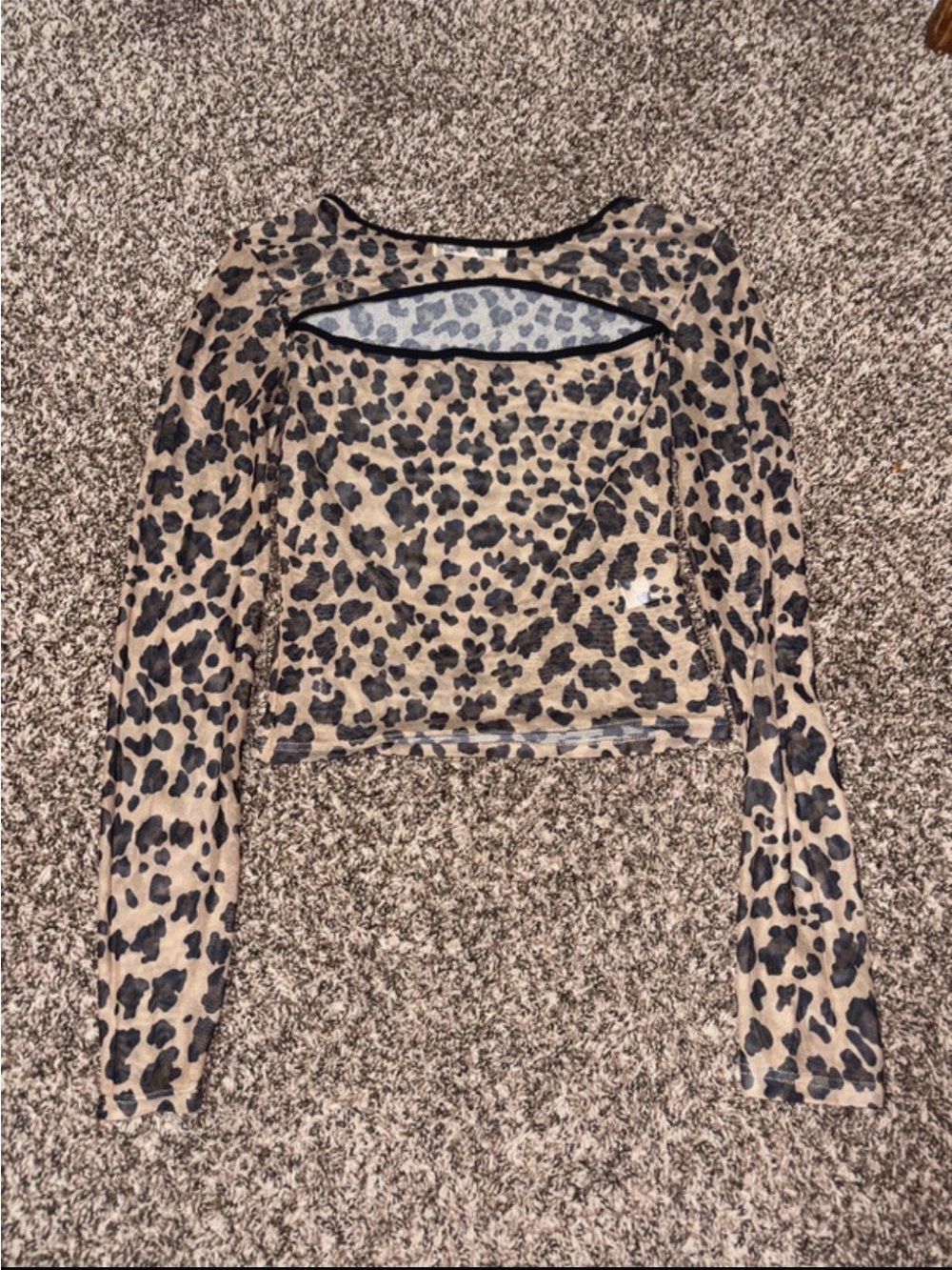 Leopard Print Long Sleeve Crop Top - Taupe/Black see through